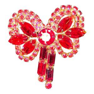 Brooch Bow AB Rhinestone Gold-Tone Red Vintage Large Jewelry